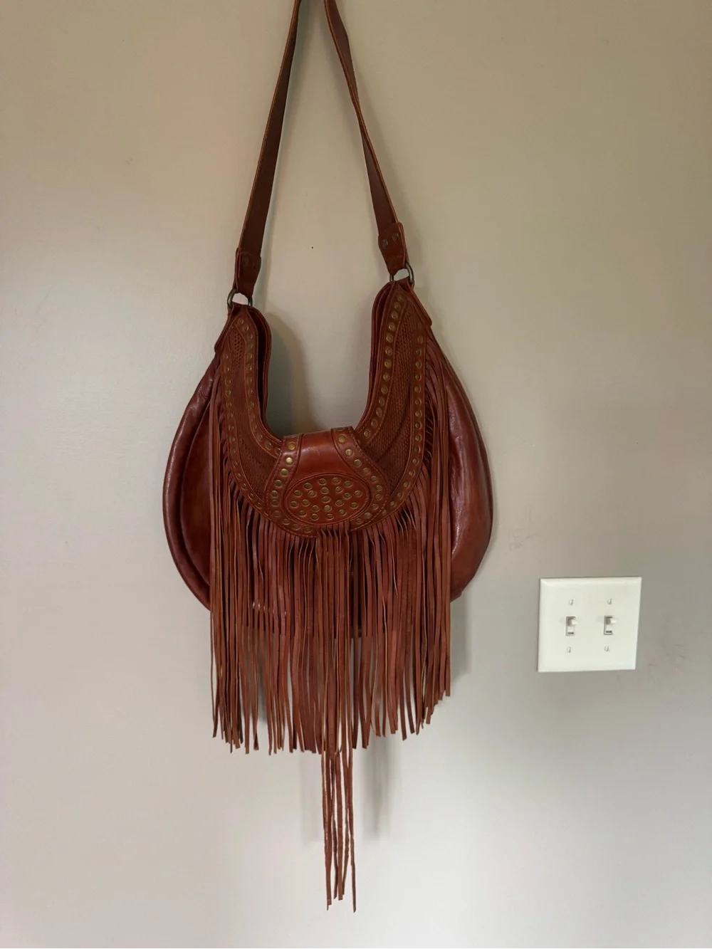 Scully Brown Leather Fringe Hobo with Gold Studs -genuine leather - NEVER USED